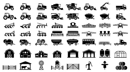 : Monochrome Farm Tractor Equipment and Agricultural Building Silhouette Vector Collection © Shohel