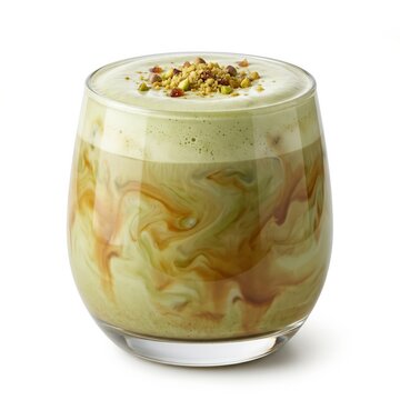 Fresh cold pistachio milkshake in a glass with crushed nuts on top for dessert