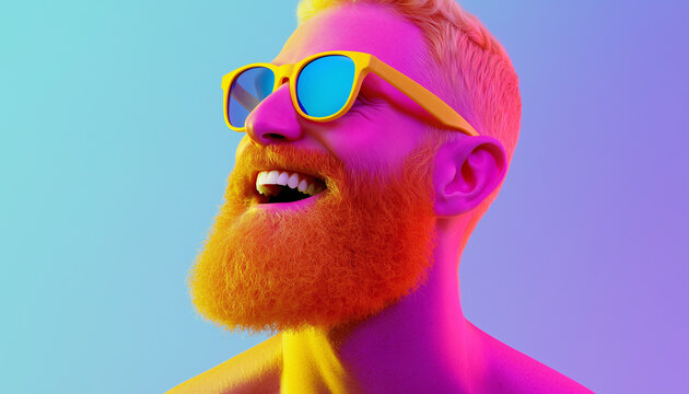 Creative portrait of a smiling bearded man with vibrant pink skin, blond hair, colorful sunglasses, and bold pop art styling on a pastel gradient background.