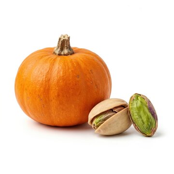 Fresh orange pumpkin and crunchy roasted pistachio nuts on a simple surface