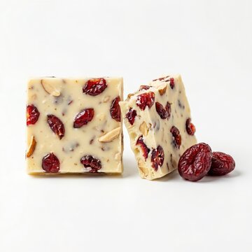Two square pieces of white chocolate with dried red cranberry fruit and nut pieces