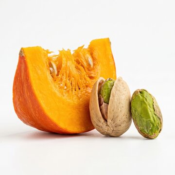 Fresh orange pumpkin slice and tasty green pistachio nuts for a healthy snack food