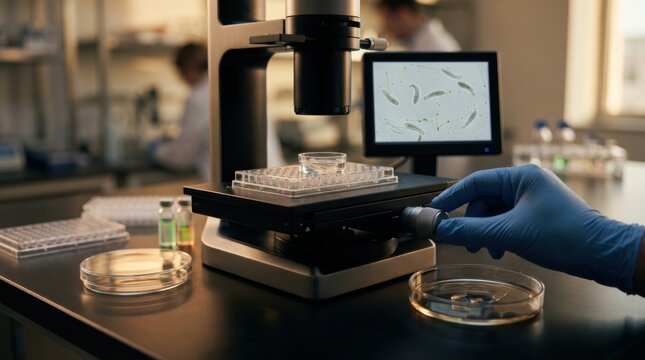 Laboratory bench scene with a multiwell plate, inverted microscope, and a researcher's gloved hand adjusting a semi-automated imaging stage while juvenile liver fluke larvae move in a clear assay