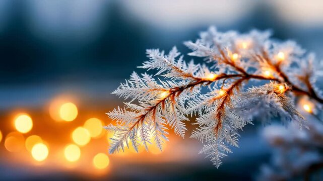 Frost patterns on a window pane with warm holiday lights