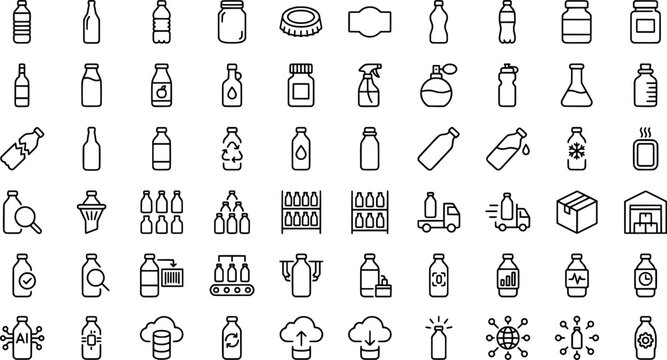 Set of bottle and beverage industry line icons transparent background