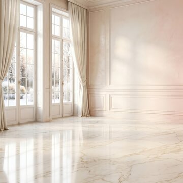 Bright empty room with large windows and white curtains in a luxury apartment home