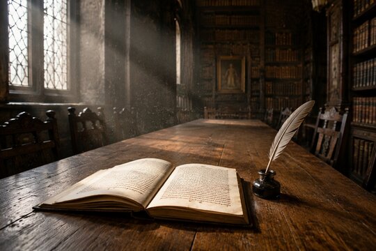 Wooden library table with manuscript, quill and inkwell in dust motes.