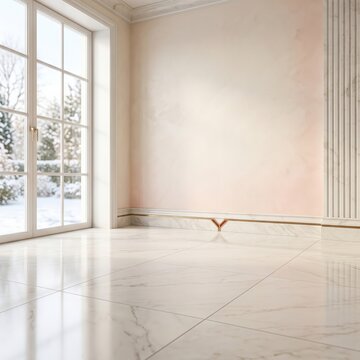 Modern empty room with a large window and sunlight shining on the polished floor