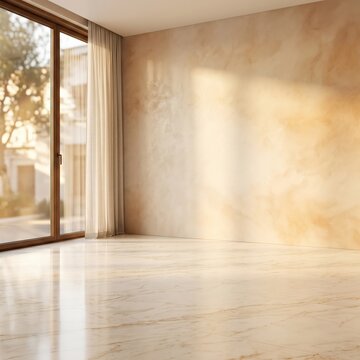 Sunlight casting shadows on a wall in a bright modern room with a large window view