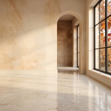 Empty room with peach walls archway and large black frame window in sunny morning