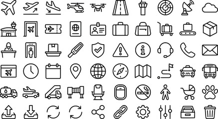 Naklejka premium Set of airport and travel line icons, including airplane, luggage, flight, terminal, navigation, and transportation symbols transparent background