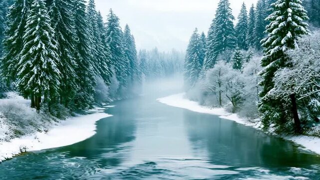 Calm partly frozen river winding through a snowy forest
