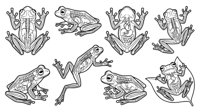 Educational set of frog anatomy illustrations showing internal organs and skeletal structure in black and white line art style for biology study and scientific graphic design projects isolated