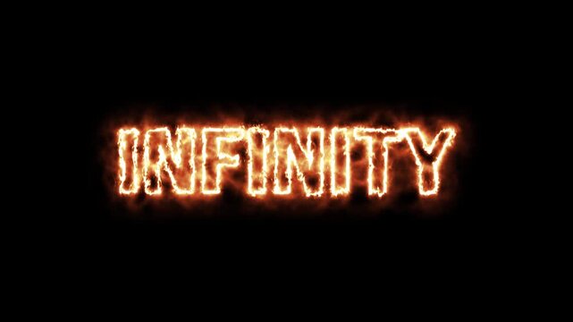 Fiery Infinity Text Burning Brightly Against Black Background. Glowing orange infinity symbol on black.