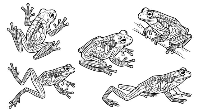 Anatomical frog illustration set showing internal organ structure and skeletal system in detailed scientific black and white line art for biology textbooks and educational classroom learning resources