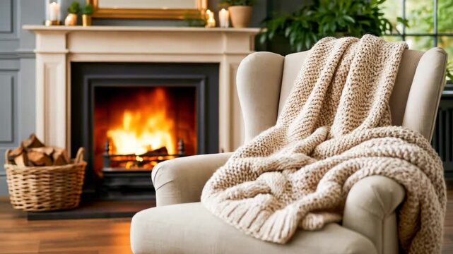 Warm fireplace glowing in an elegant dim living room