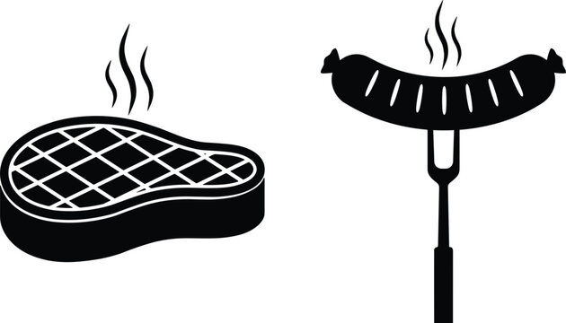 Grilled Steak and Sausage Icon Collection, BBQ Food Vector Illustration Set for Restaurant Menu and Cooking Design