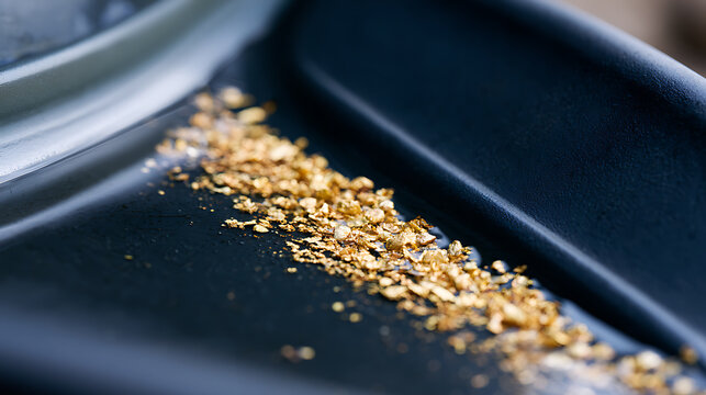 Glimmering Golden Flakes on a Dark Gold Panning Sluice Box at a Gold Mine, Industrial Material Extraction, Close Up Macro Shot, Prospecting Journey