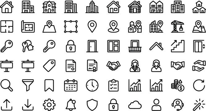 Set of real estate and property management line icons transparent background
