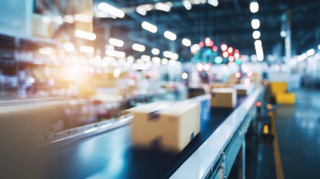 Packages move along a conveyor belt in a busy warehouse during the daytime