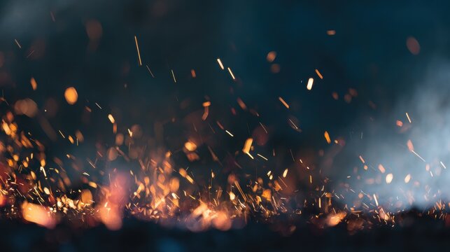 Bright sparks fly from a fire at night, lighting up the dark space with warm colors and energy