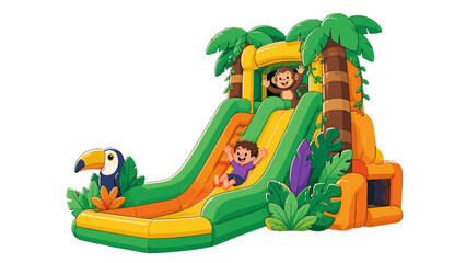 Fototapeta premium Cartoon inflatable jungle slide with child and monkey