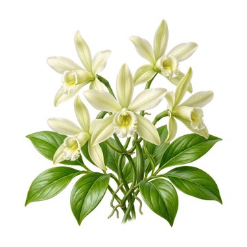 Beautiful blooming vanilla orchid flowers with green leaves in a botanical style