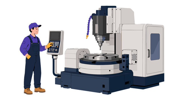Industrial worker operating CNC milling machine illustration