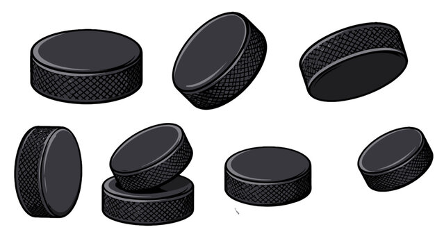 Set of black ice hockey pucks in different angles
