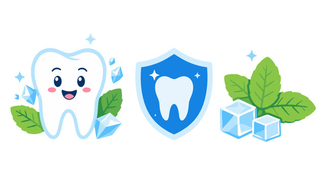 Cartoon tooth with shield, mint leaves, and ice cubes vector
