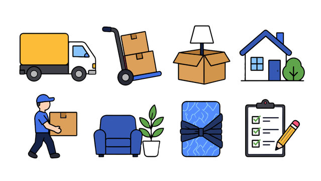 Moving service icon set with truck boxes house and furniture