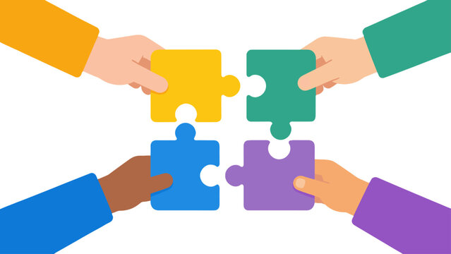Hands assembling colorful puzzle pieces in square layout