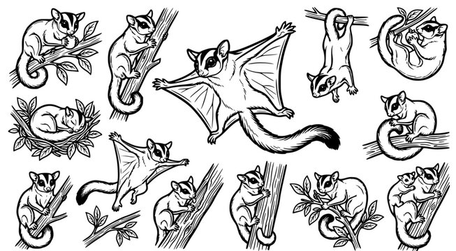 Sugar glider collection featuring a wide variety of poses including gliding and nesting in a professional black and white line art style perfect for wildlife and nature themed design assets