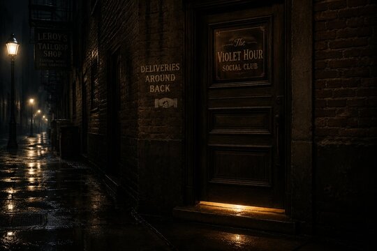 Hidden entrance to a speakeasy, warm light and jazz music under the door.