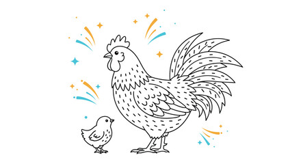 Fototapeta premium Hand-drawn line art illustration of a proud rooster standing next to a small chick with decorative colorful spark elements.