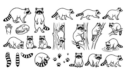 Naklejka premium Comprehensive raccoon vector illustration set featuring diverse poses skull anatomy and paw prints in black line art for wildlife nature education or woodland animal themed creative projects