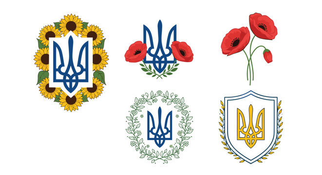 National symbols of Ukraine featuring the trident emblem with bright sunflowers, red poppies, and green floral wreaths.