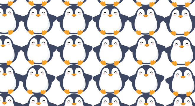 Delightful pattern of round fluffy penguins displays a repetitive design of the cute polar birds with happy faces on a white background.