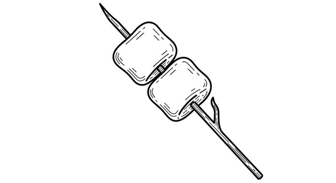 Hand drawn sketch of two fluffy marshmallows roasted on a wooden twig branch for camping and outdoor activities.