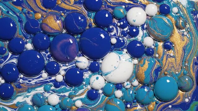 Macro view of vibrant blue, white, and gold acrylic paint fluid with spherical bubbles and swirling marbled patterns creating a dynamic abstract texture