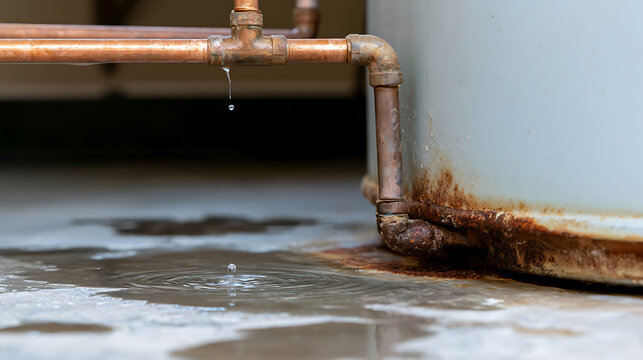 Close up view of plumbing pipes and water leak with water heater showing rust and corrosion, needing urgent repair or maintenance