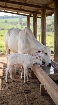 Nelore cow and calf drinking water in a rustic wooden feeder at a Brazilian ranch, authentic livestock scene in a sunny rural environment.