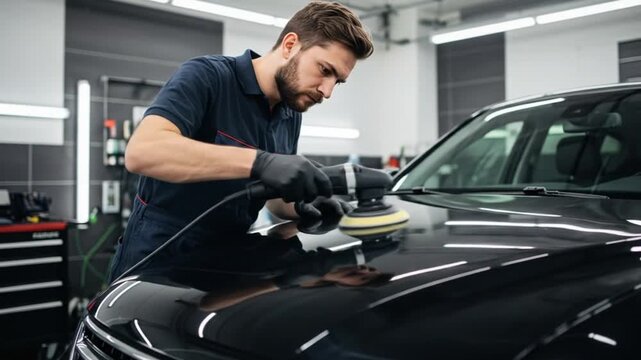 Mechanic polishing a black car with machine in garage