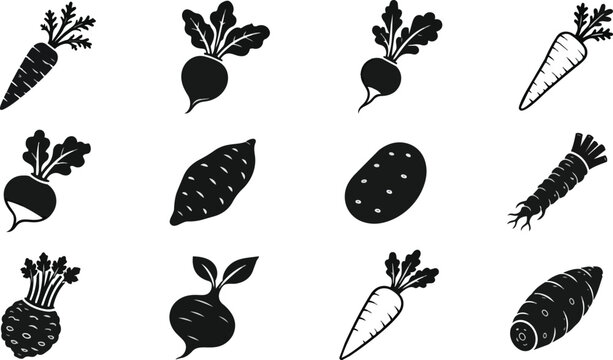 Root Vegetables Black Outline Silhouette Icons Set. Farm Food Elements.
