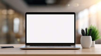 Fototapeta premium Modern laptop with a blank white screen on a desk in an office workspace