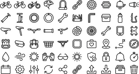 Naklejka premium Set of 70 cycling and bicycle equipment line icons transparent background