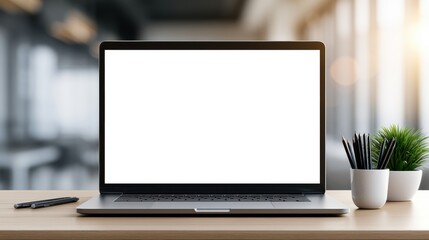 Fototapeta premium Modern laptop computer mockup on wooden table isolated on white background