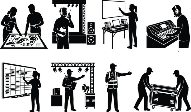Event management and production crew silhouette icons set showing stage logistics planning and audio engineering crew