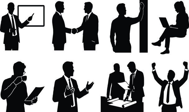 Corporate business professionals and executive team silhouette icons set presenting collaborating and celebrating success