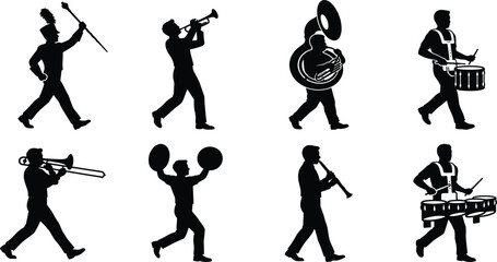 Marching band musicians and drum major silhouette icons set playing brass and percussion instruments in parade © MdSohel